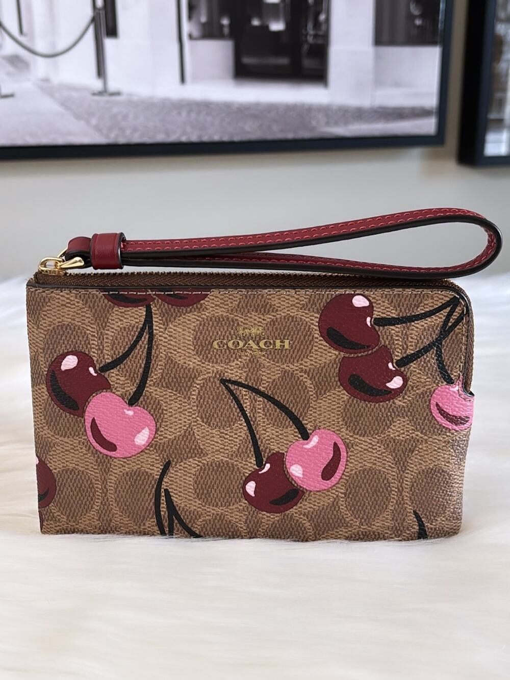 Coach Cherry Print Signature Wristlet in Brown and Pink